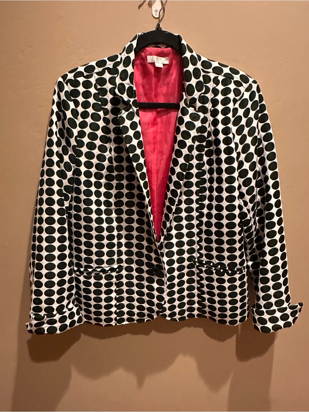 Studio M Black and White Polka Dot Blazer with Pink Lining